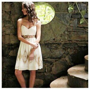 ANTHROPOLOGIE Moulinette Soeurs Cream Sweetheart Dress Size 8 Belted Linen Blend